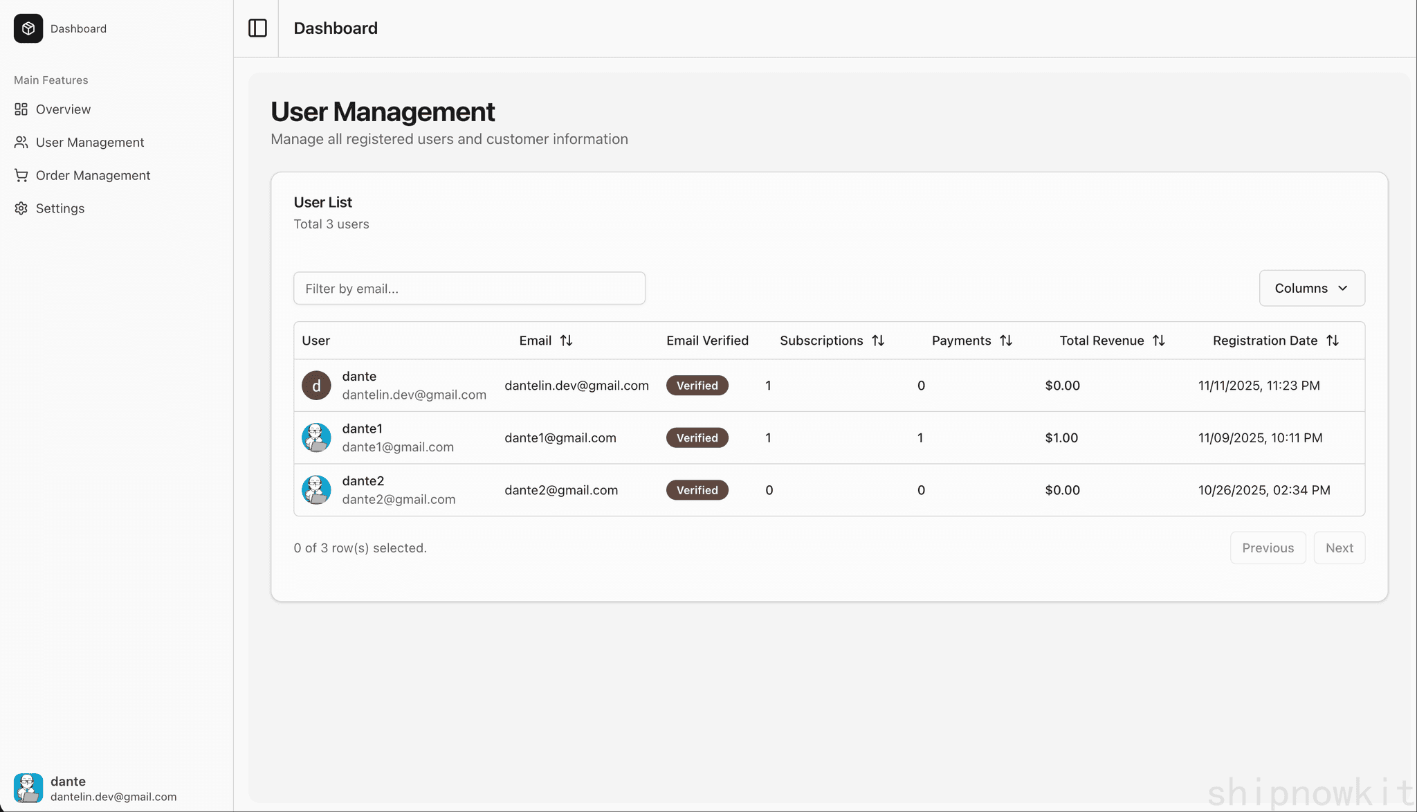 SaaS admin dashboard user management page screenshot